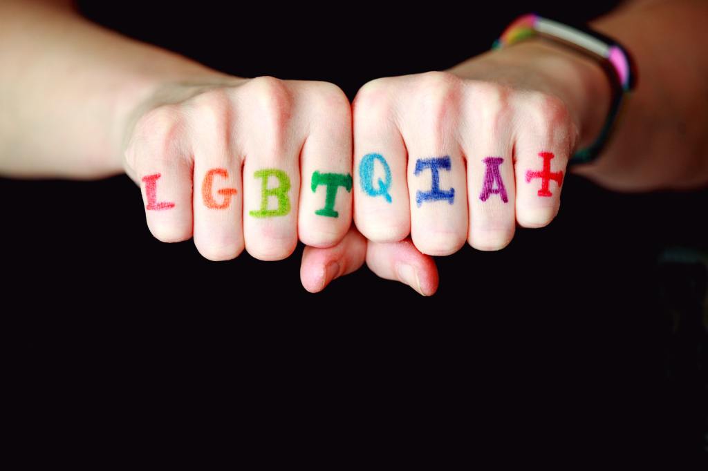 An image of LGBTQIA+ written across 2 hands made into fists